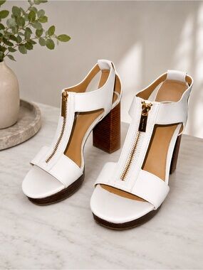 Michael Kors White Leather T‑Strap Platform Block Heels with Gold Zip Pull